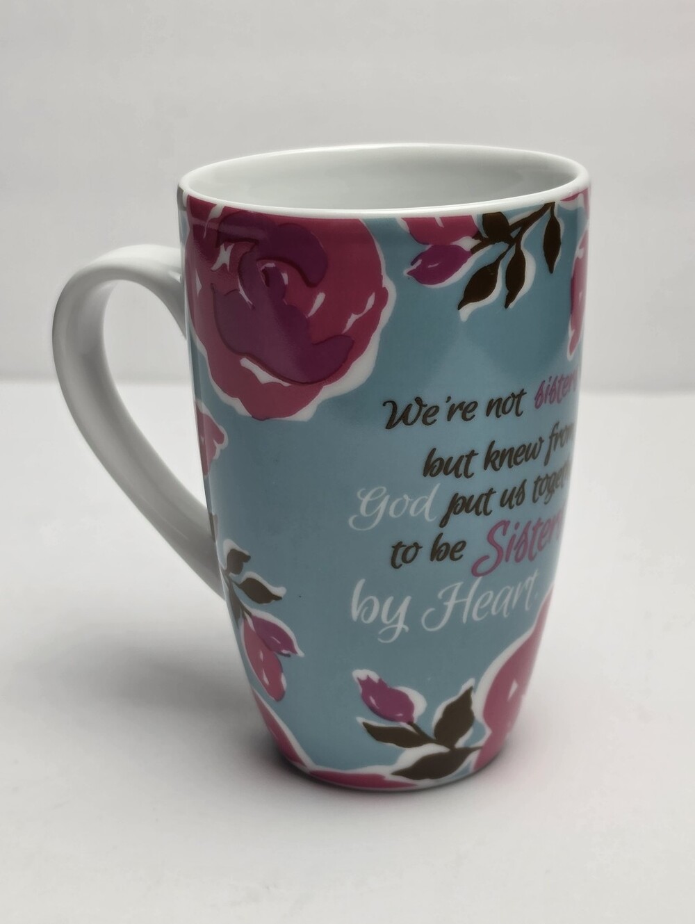 Sisters by Heart Ceramic Coffee Tea Mug Turquoise Pink Roses ~ 12 oz. ~ NWOT